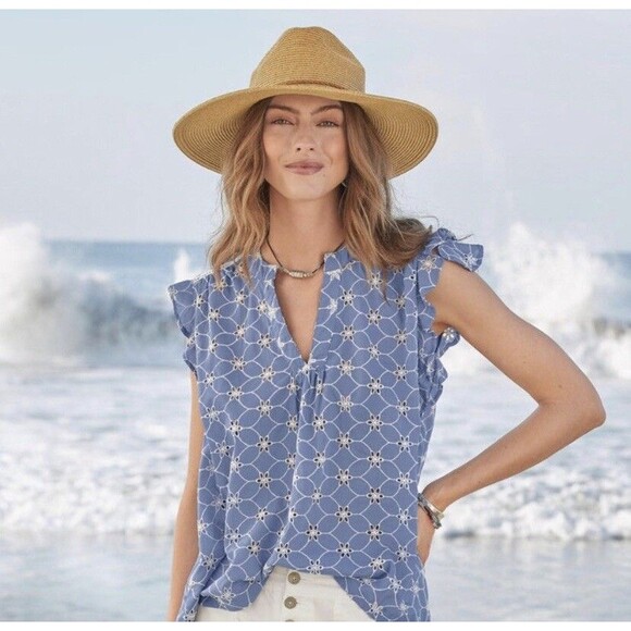 SUNDANCE CATALOG Florina Eyelet Top Size Medium Blue White Flutter Cap Sleeve - Picture 2 of 16